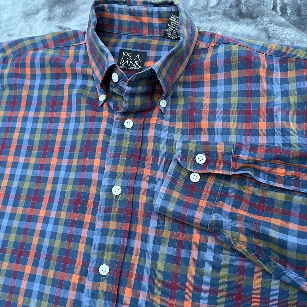 Jos A Bank Mens Large Plaid Button Down Shirt Multicolor Cotton